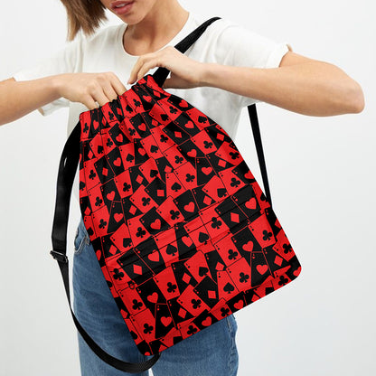 Black And Red Casino Card Pattern Print Drawstring Backpack
