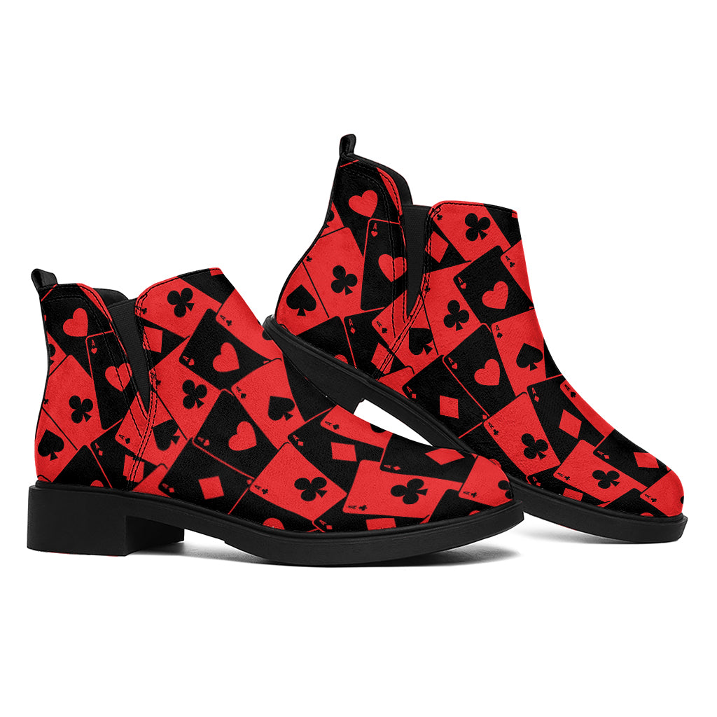 Black And Red Casino Card Pattern Print Flat Ankle Boots