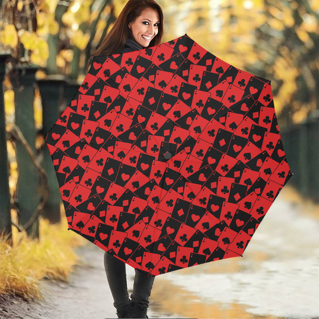 Black And Red Casino Card Pattern Print Foldable Umbrella