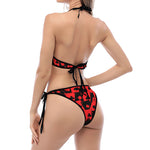 Black And Red Casino Card Pattern Print Halter Scoop Tie Side Bikini