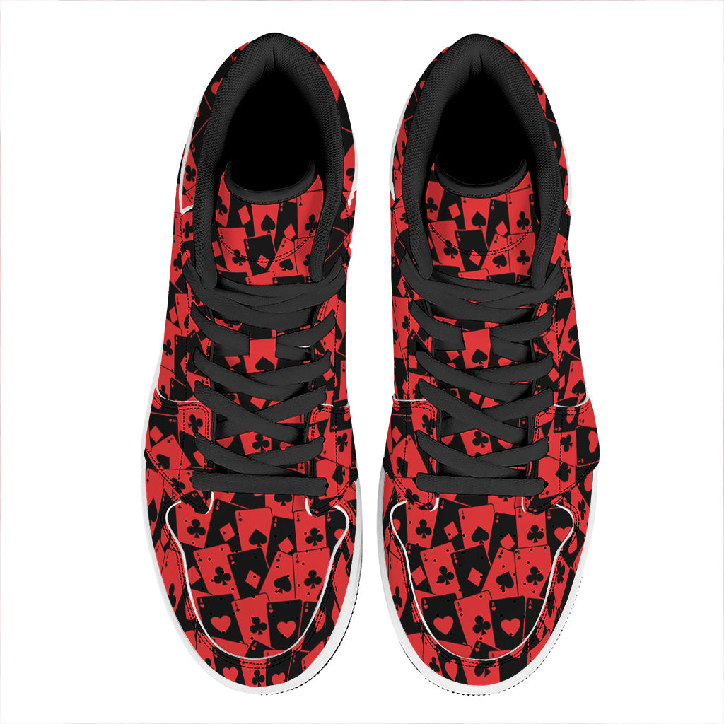 Black And Red Casino Card Pattern Print High Top Leather Sneakers