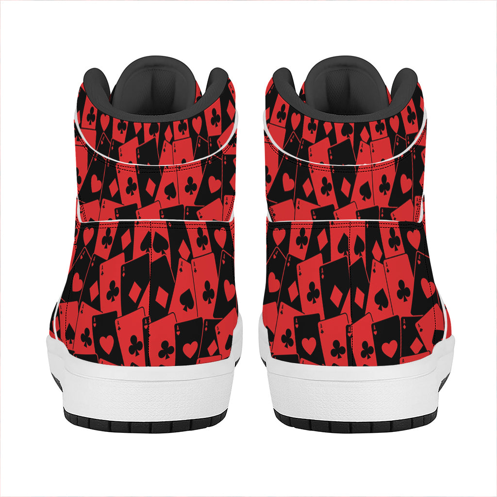 Black And Red Casino Card Pattern Print High Top Leather Sneakers