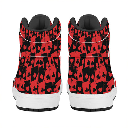 Black And Red Casino Card Pattern Print High Top Leather Sneakers