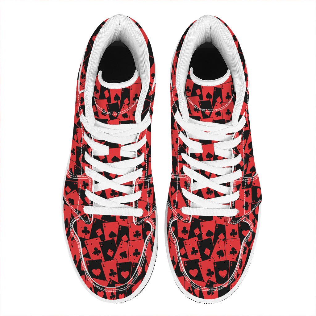 Black And Red Casino Card Pattern Print High Top Leather Sneakers