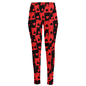 Black And Red Casino Card Pattern Print High-Waisted Pocket Leggings