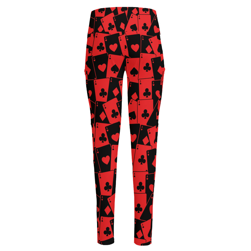 Black And Red Casino Card Pattern Print High-Waisted Pocket Leggings