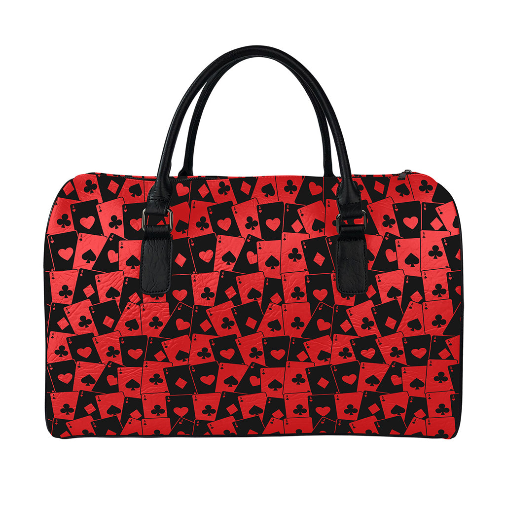 Black And Red Casino Card Pattern Print Leather Duffle Bag