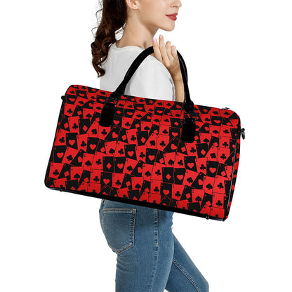 Black And Red Casino Card Pattern Print Leather Duffle Bag