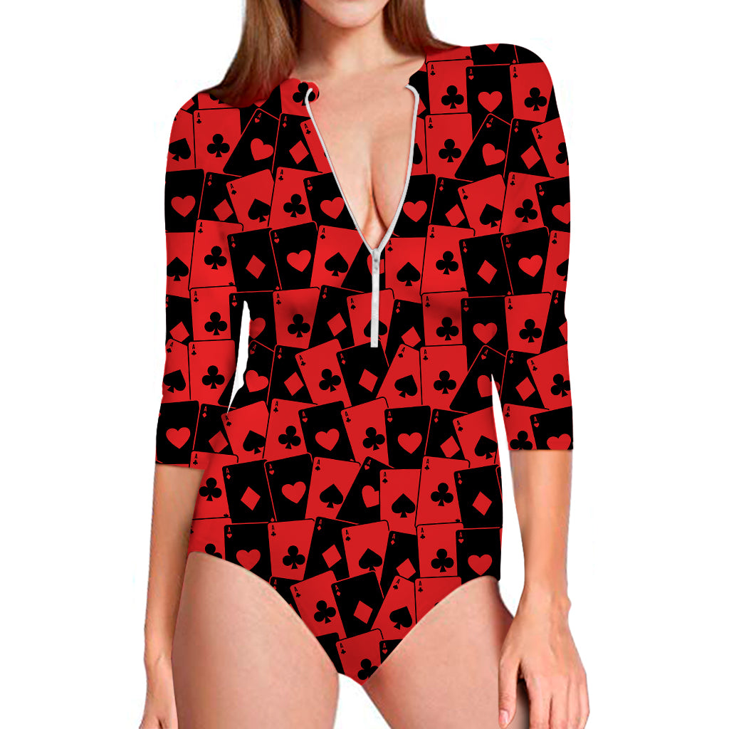 Black And Red Casino Card Pattern Print Long Sleeve Swimsuit