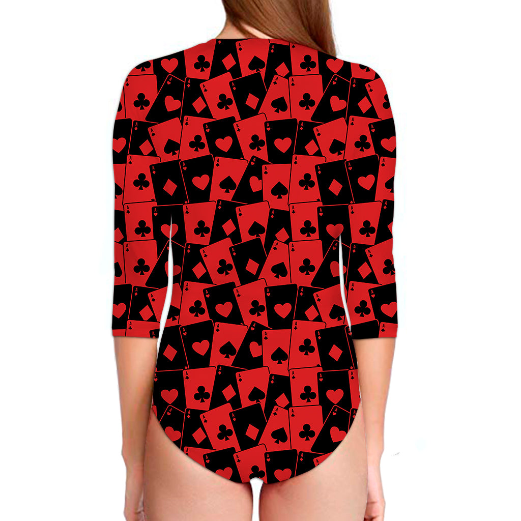Black And Red Casino Card Pattern Print Long Sleeve Swimsuit