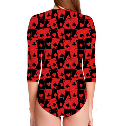 Black And Red Casino Card Pattern Print Long Sleeve Swimsuit