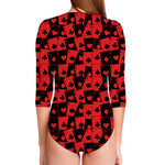 Black And Red Casino Card Pattern Print Long Sleeve Swimsuit