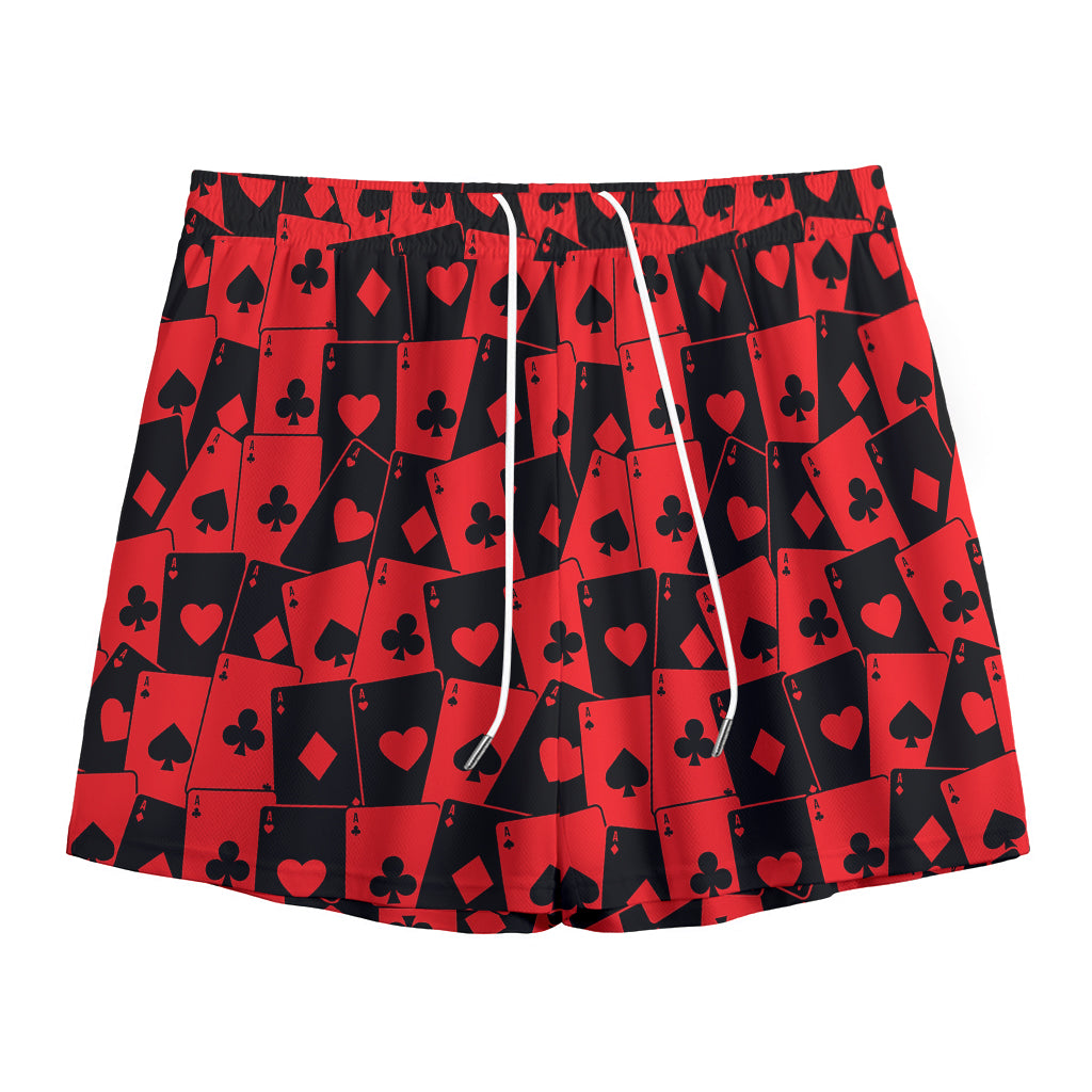 Black And Red Casino Card Pattern Print Mesh Shorts