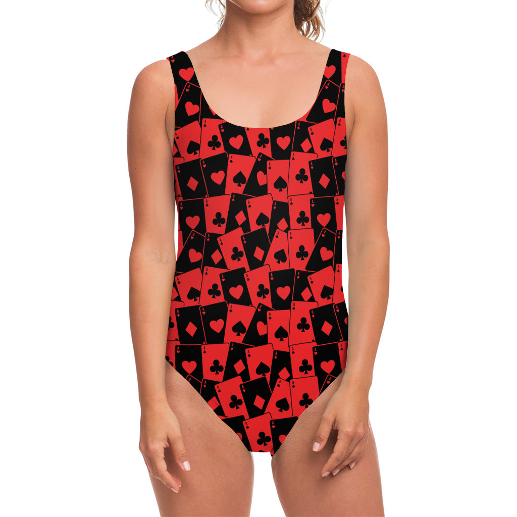 Black And Red Casino Card Pattern Print One Piece Swimsuit