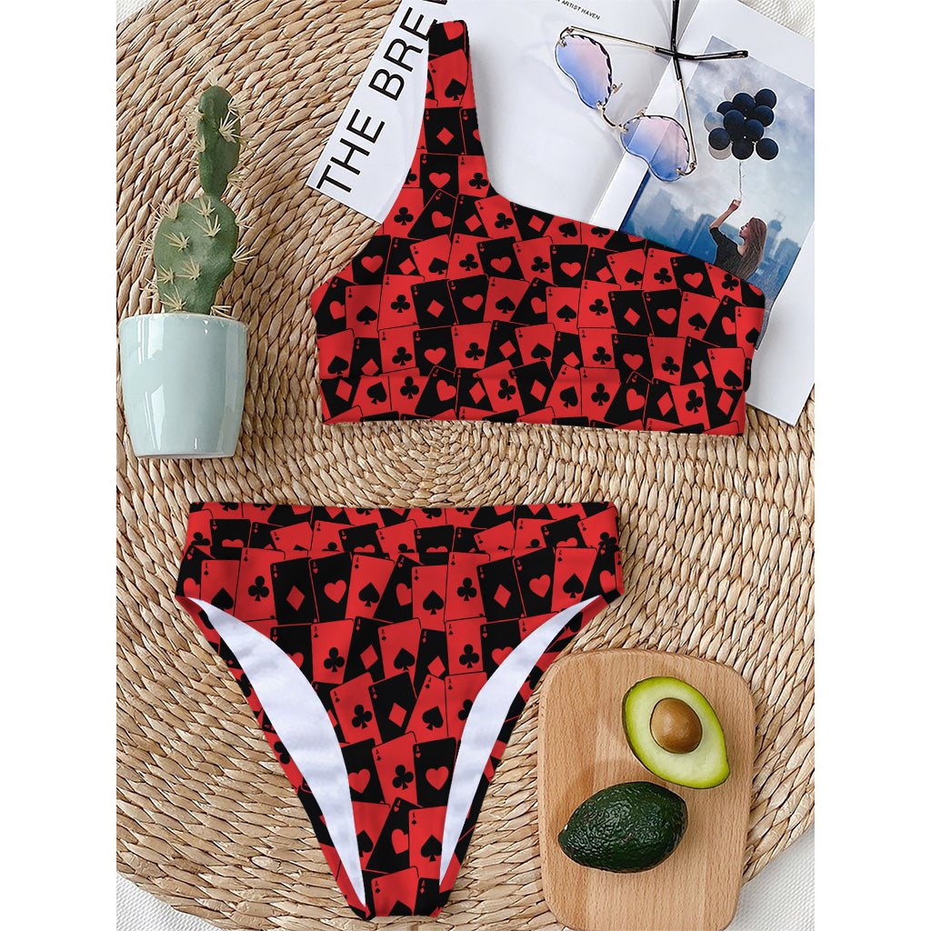 Black And Red Casino Card Pattern Print One Shoulder Bikini Top