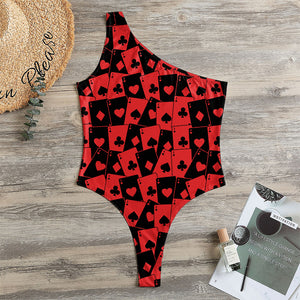 Black And Red Casino Card Pattern Print One Shoulder Bodysuit