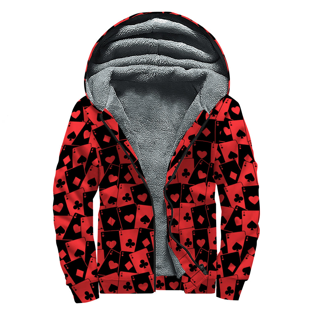 Black And Red Casino Card Pattern Print Sherpa Lined Zip Up Hoodie