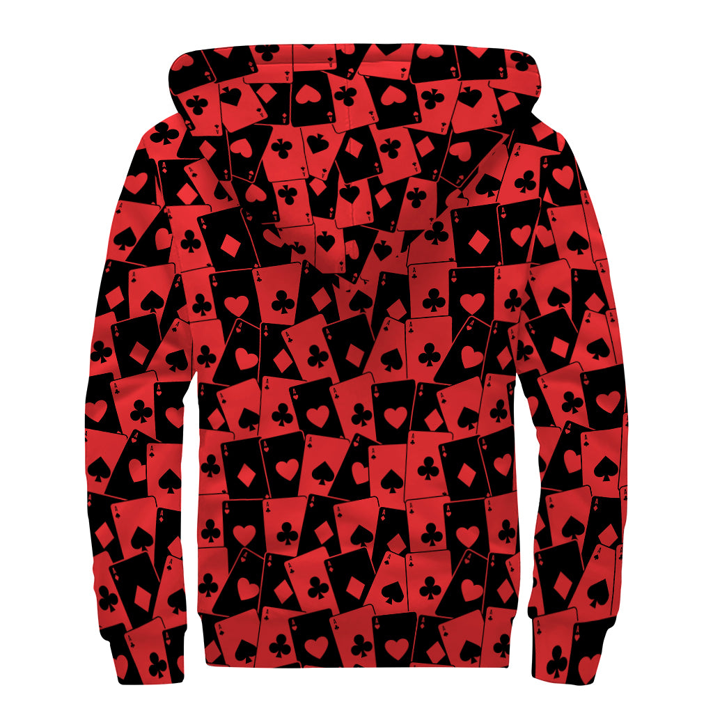 Black And Red Casino Card Pattern Print Sherpa Lined Zip Up Hoodie