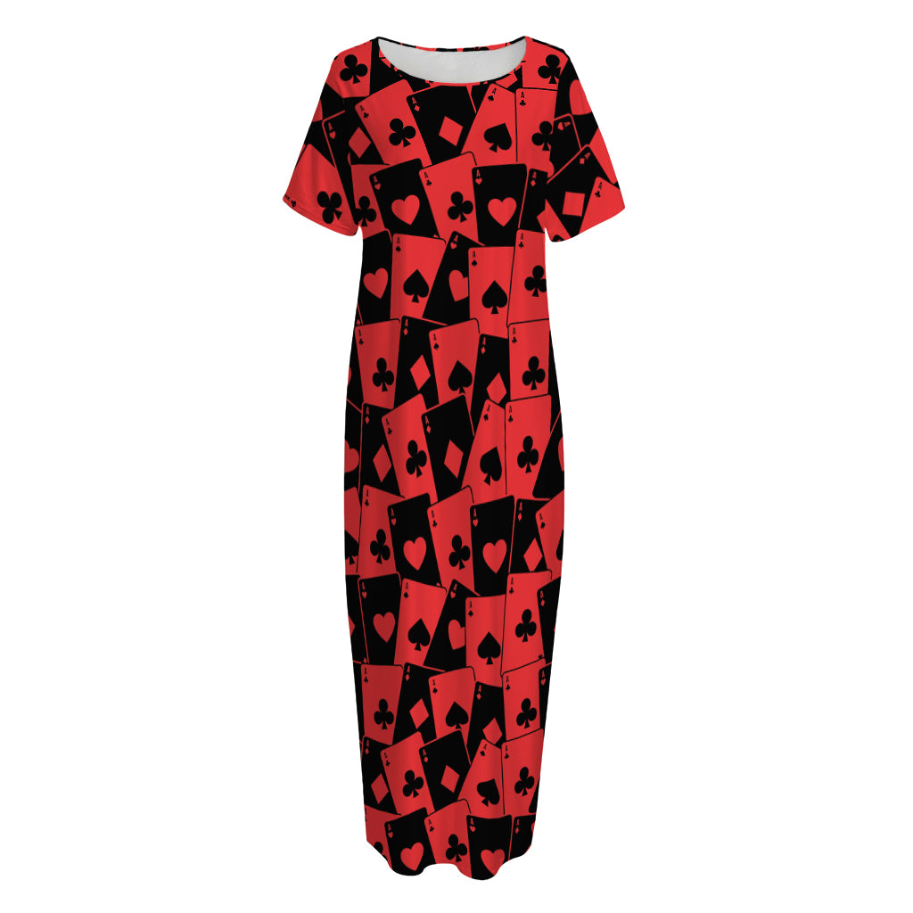 Black And Red Casino Card Pattern Print Short Sleeve Long Nightdress