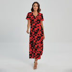 Black And Red Casino Card Pattern Print Short Sleeve Maxi Dress