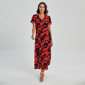 Black And Red Casino Card Pattern Print Short Sleeve Maxi Dress