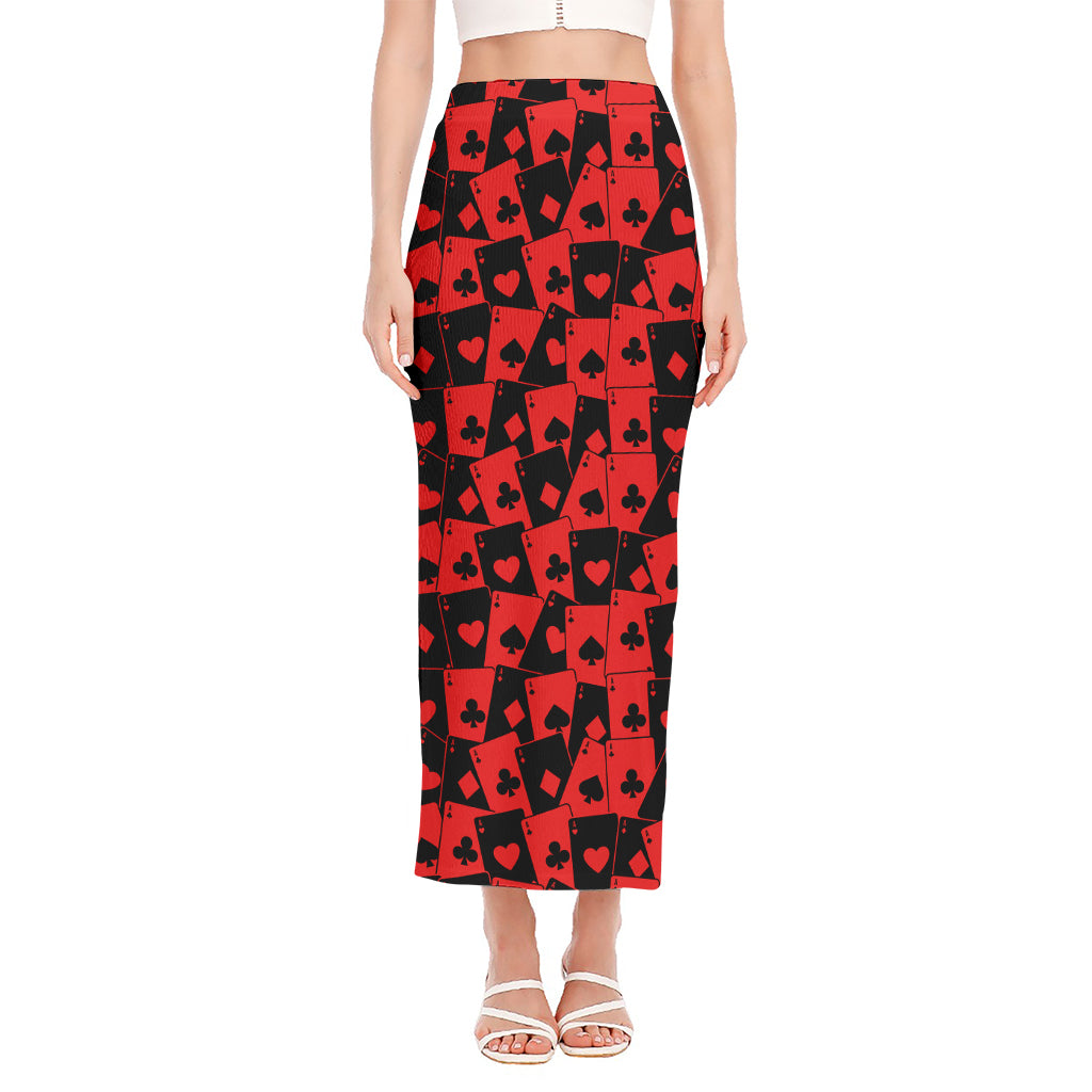 Black And Red Casino Card Pattern Print Side Slit Maxi Skirt