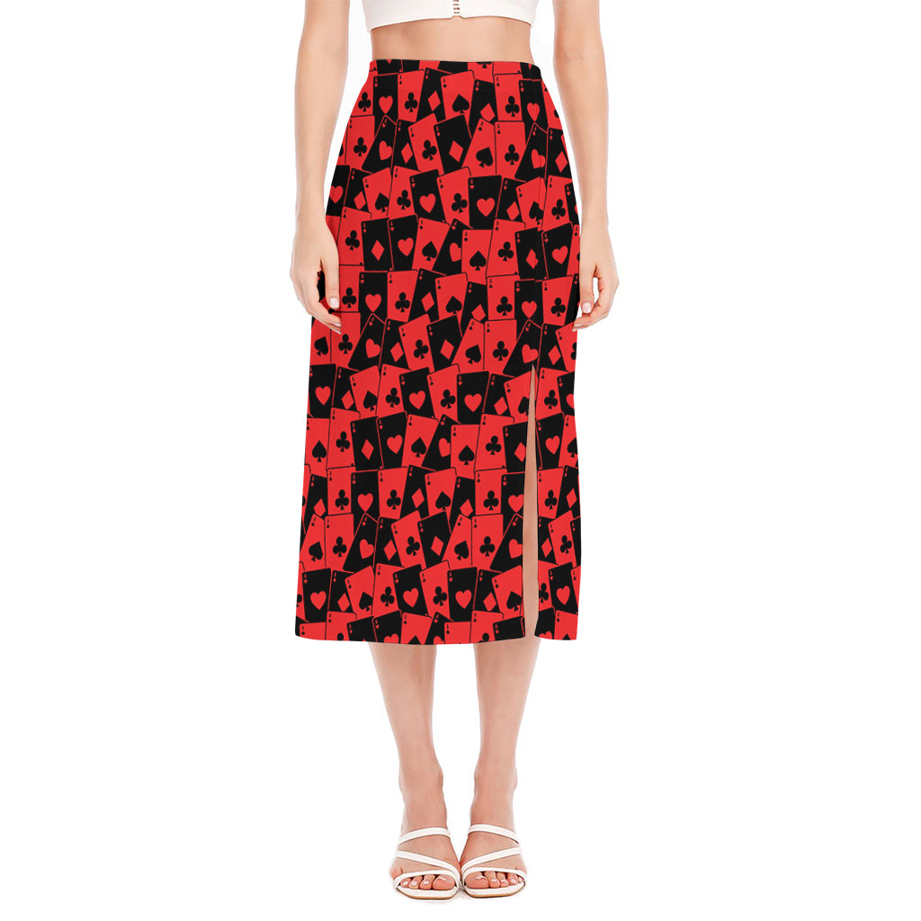 Black And Red Casino Card Pattern Print Side Slit Midi Skirt