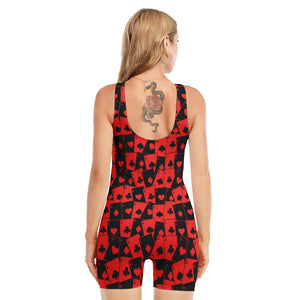 Black And Red Casino Card Pattern Print Sleeveless One Piece Swimsuit