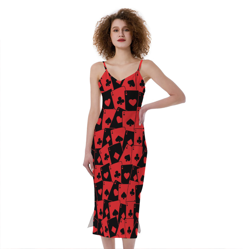 Black And Red Casino Card Pattern Print Slim Fit Midi Cami Dress