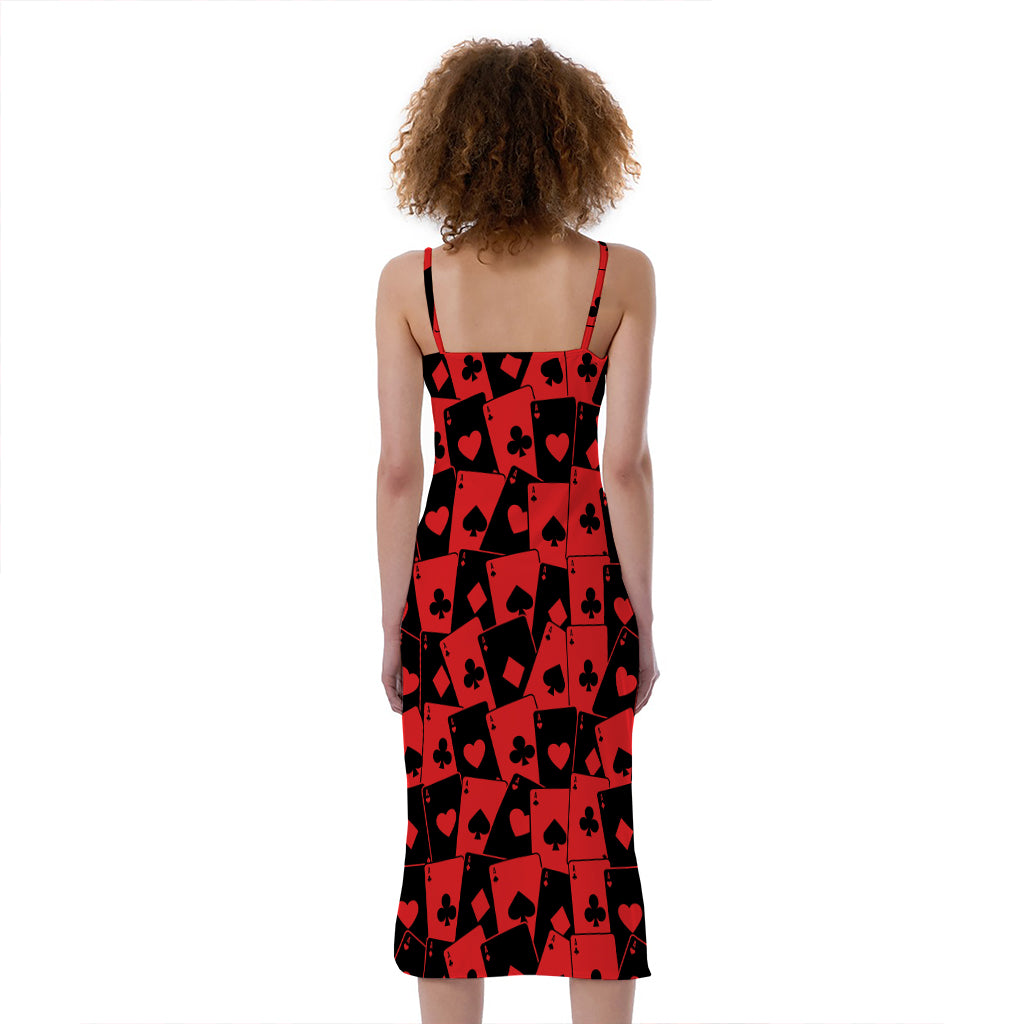 Black And Red Casino Card Pattern Print Slim Fit Midi Cami Dress