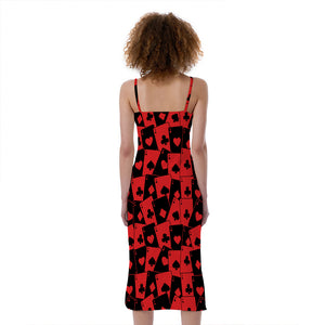 Black And Red Casino Card Pattern Print Slim Fit Midi Cami Dress