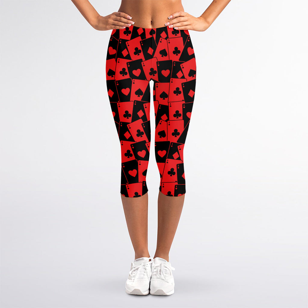 Black And Red Casino Card Pattern Print Women's Capri Leggings