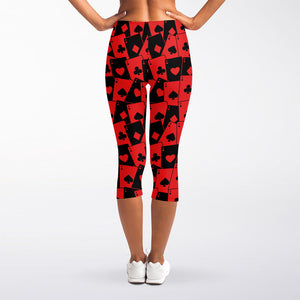 Black And Red Casino Card Pattern Print Women's Capri Leggings