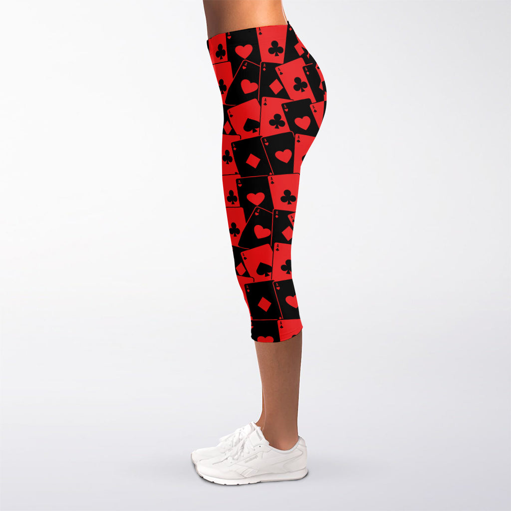 Black And Red Casino Card Pattern Print Women's Capri Leggings