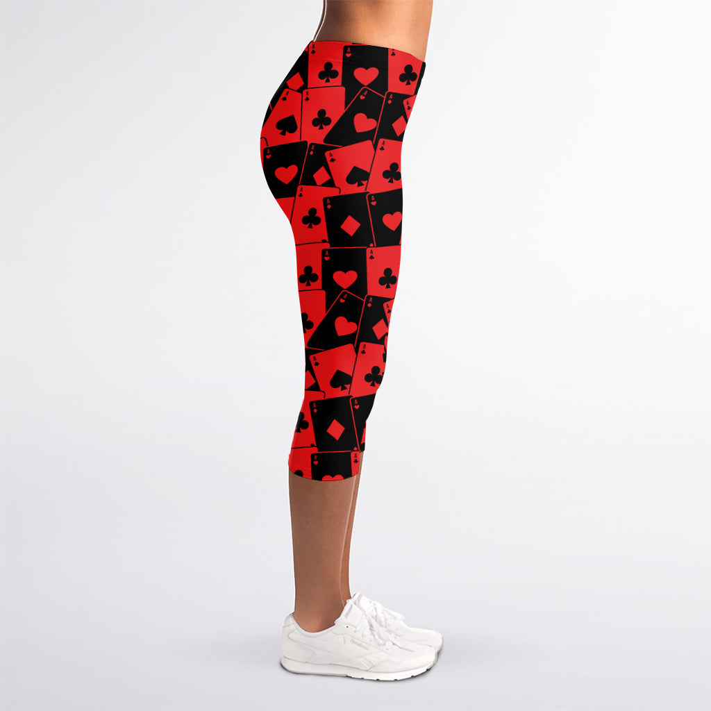 Black And Red Casino Card Pattern Print Women's Capri Leggings