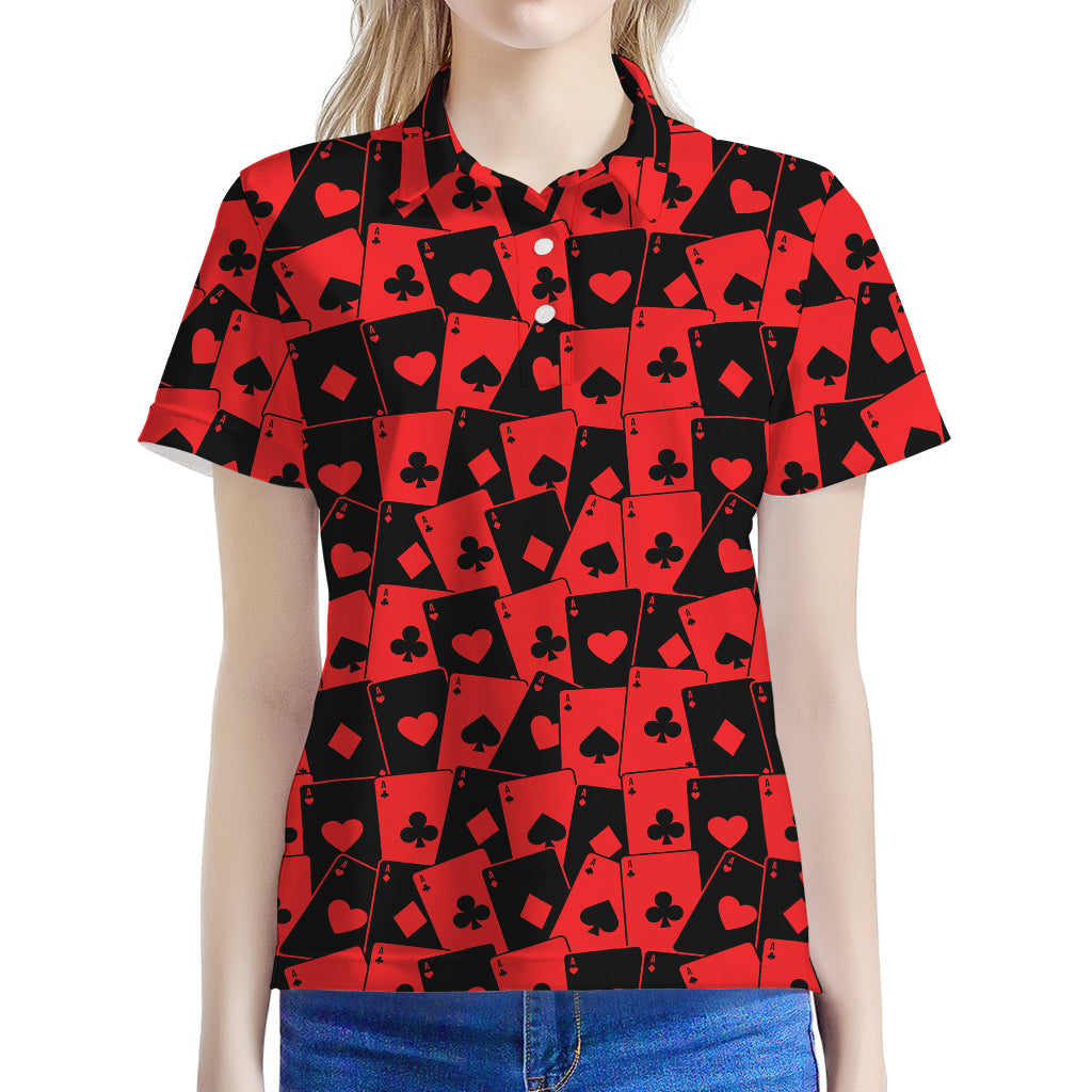 Black And Red Casino Card Pattern Print Women's Polo Shirt