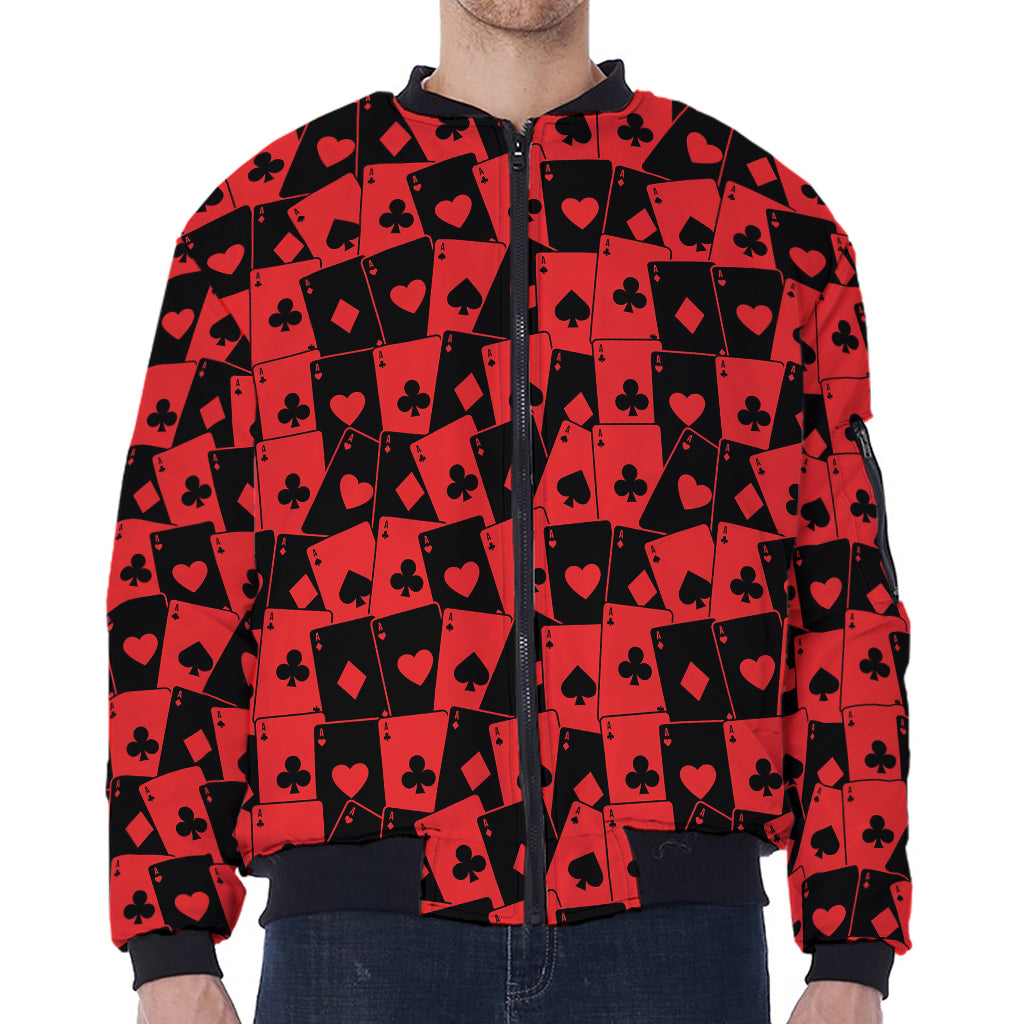 Black And Red Casino Card Pattern Print Zip Sleeve Bomber Jacket