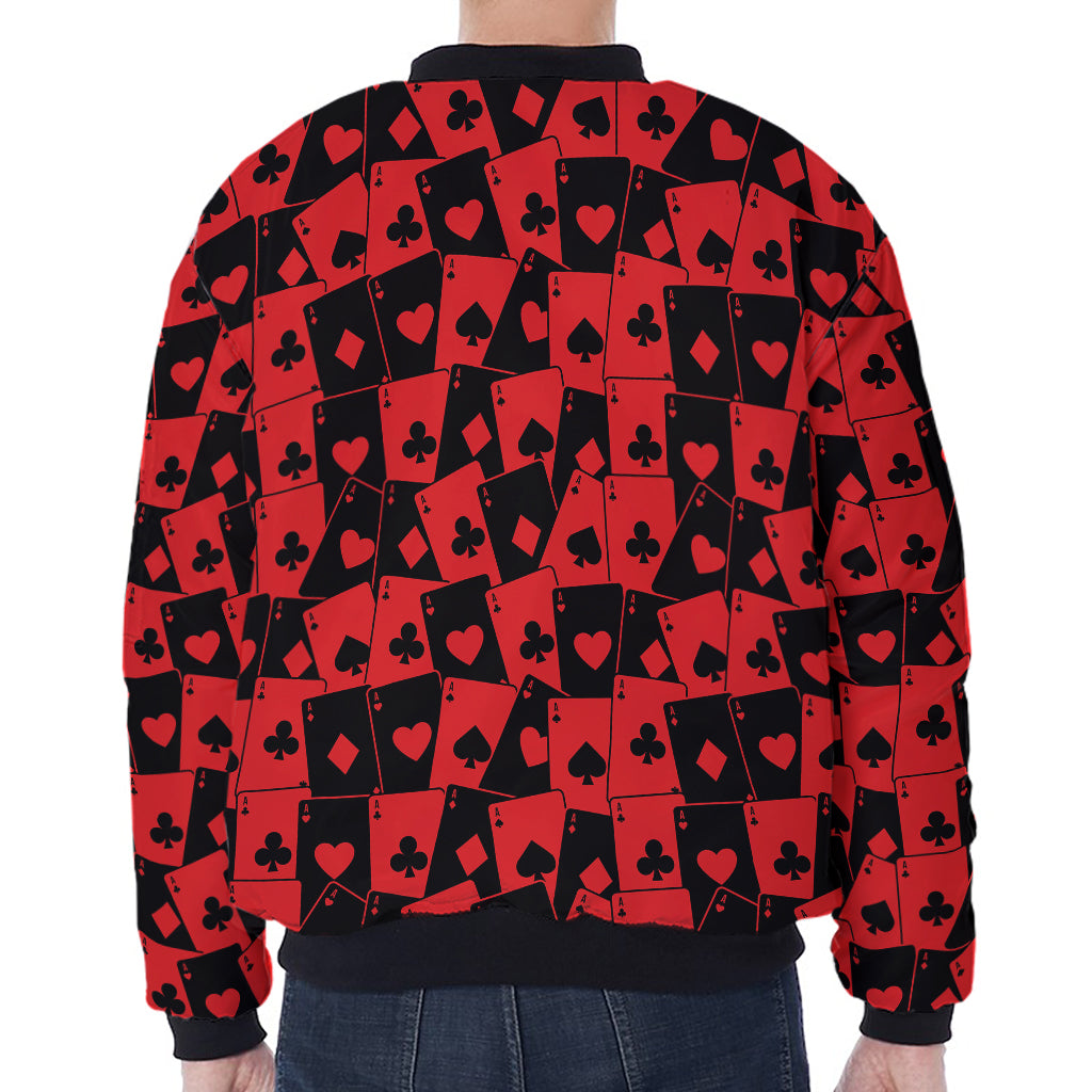 Black And Red Casino Card Pattern Print Zip Sleeve Bomber Jacket