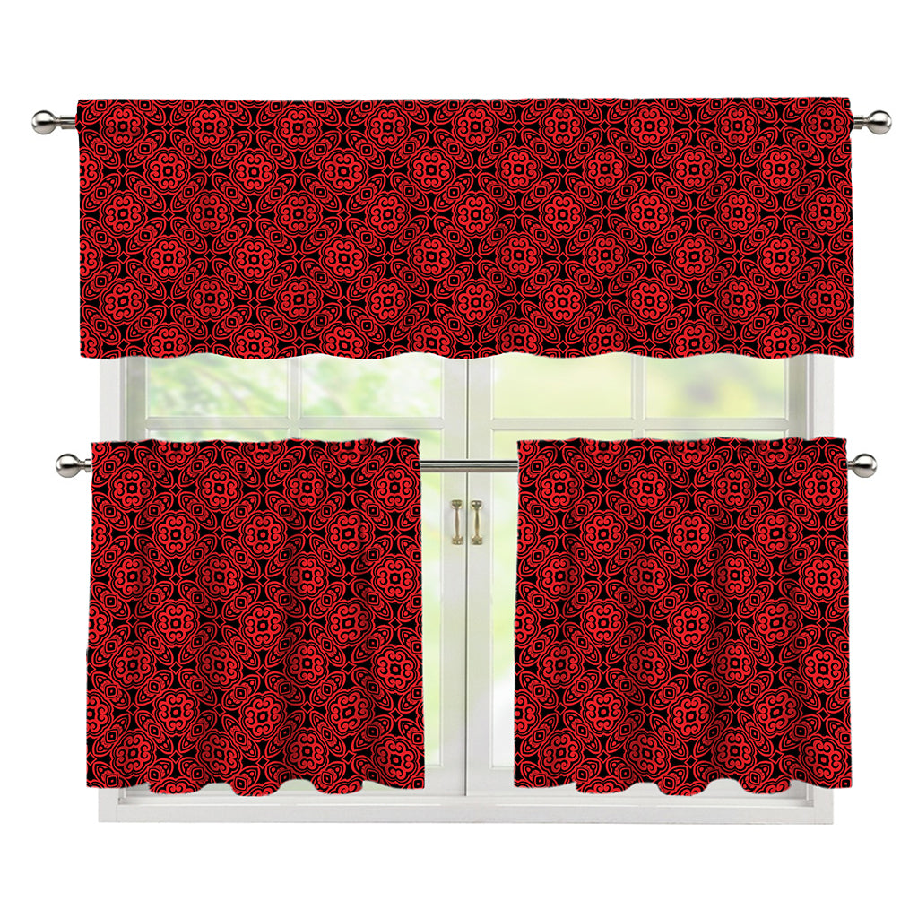 Black And Red Chinese Pattern Print 3 Piece Kitchen Curtains