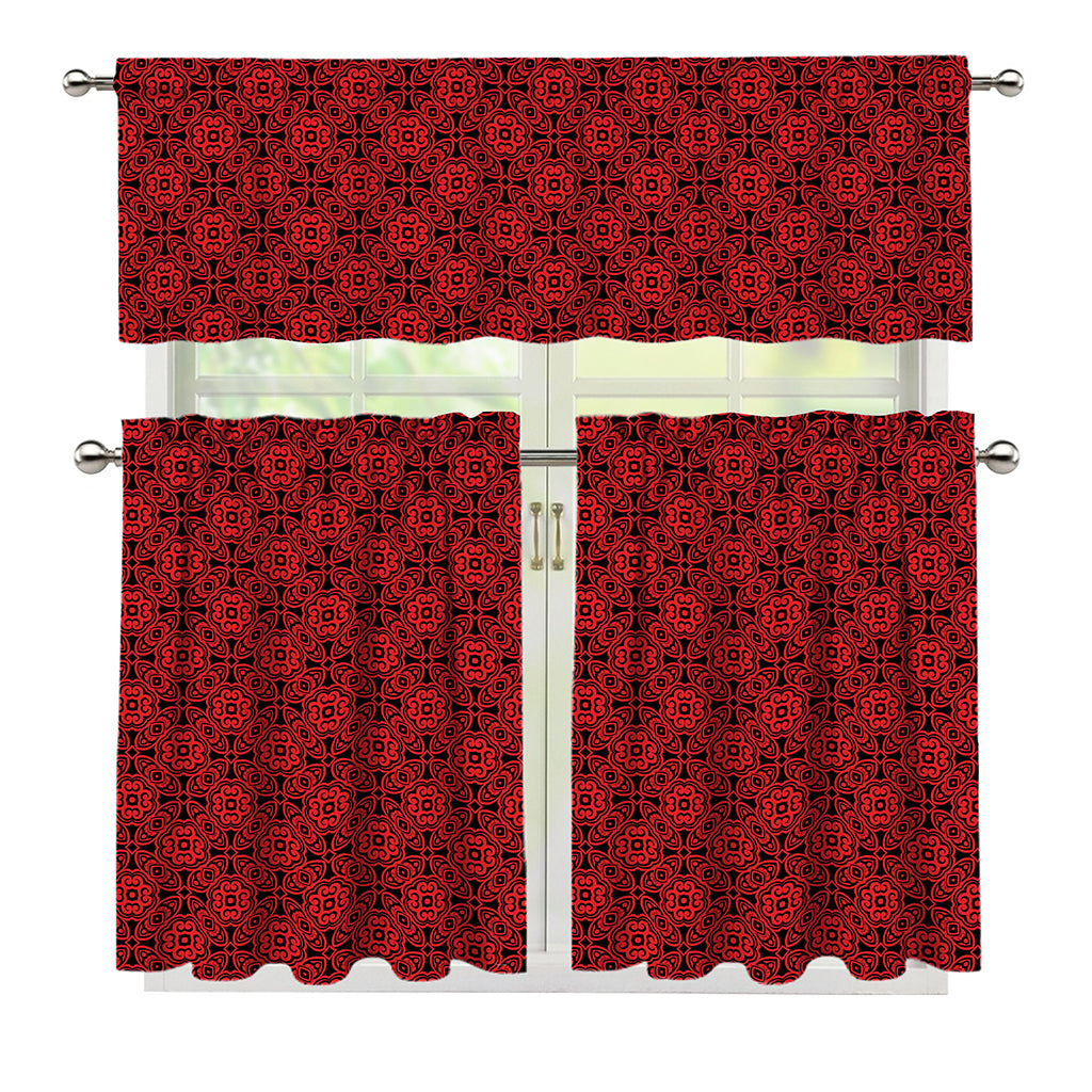 Black And Red Chinese Pattern Print 3 Piece Kitchen Curtains