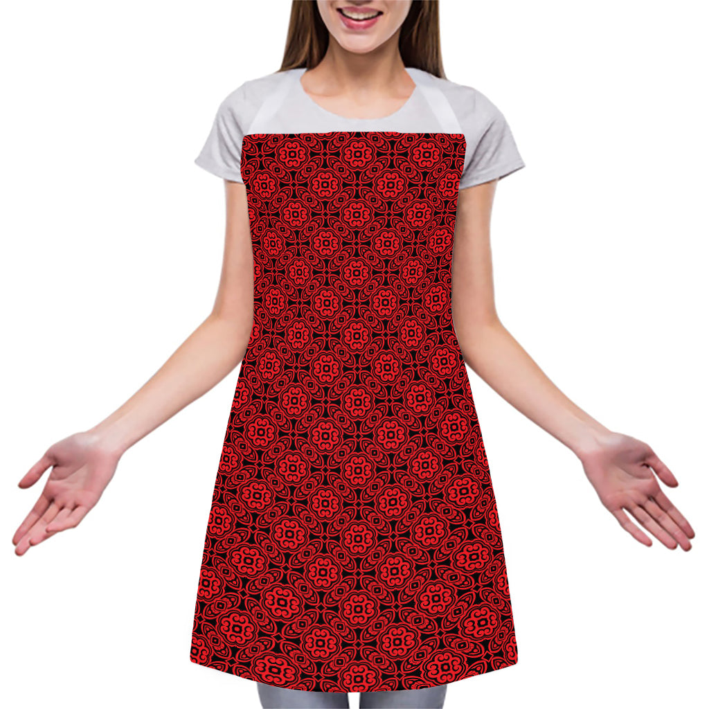 Black And Red Chinese Pattern Print Adjustable Apron