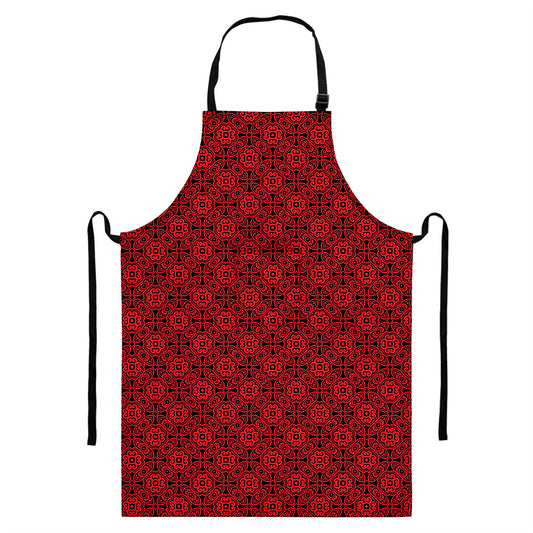 Black And Red Chinese Pattern Print Bib Apron With Pocket