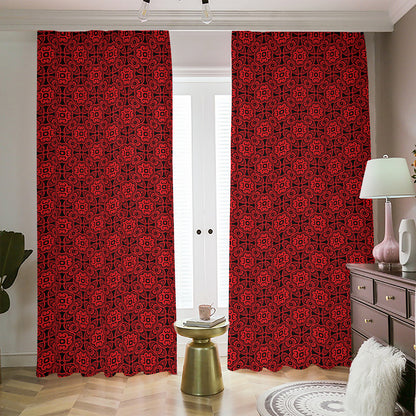 Black And Red Chinese Pattern Print Blackout Pencil Pleat Curtains