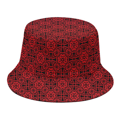 Black And Red Chinese Pattern Print Bucket Hat