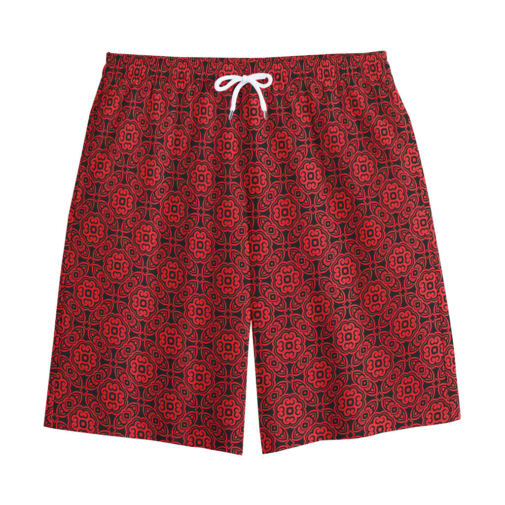 Black And Red Chinese Pattern Print Cotton Shorts