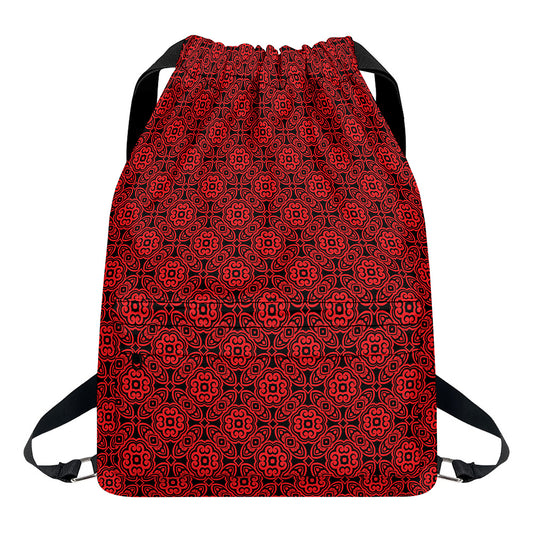 Black And Red Chinese Pattern Print Drawstring Backpack