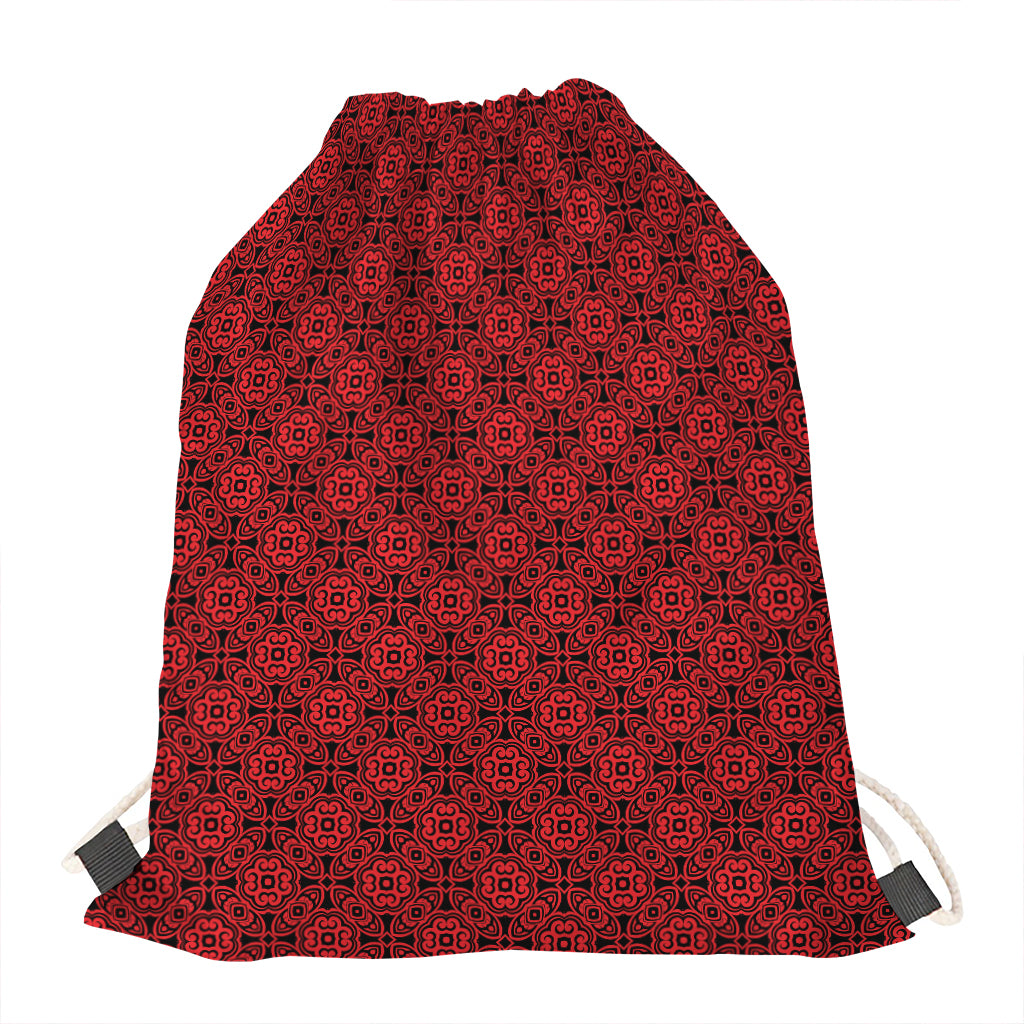 Black And Red Chinese Pattern Print Drawstring Bag