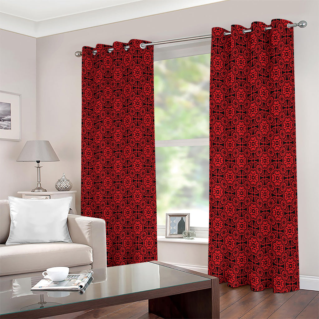 Black And Red Chinese Pattern Print Extra Wide Grommet Curtains