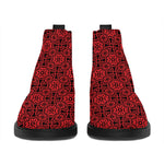 Black And Red Chinese Pattern Print Flat Ankle Boots