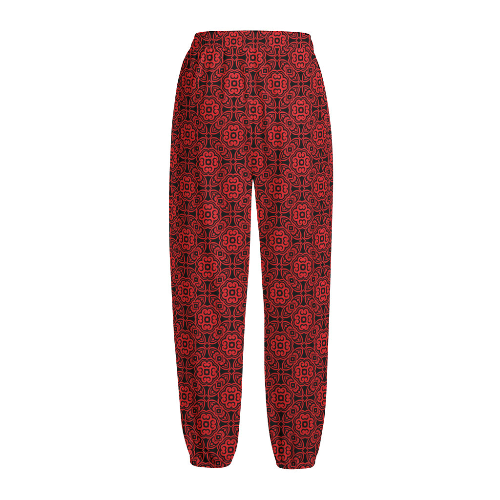Black And Red Chinese Pattern Print Fleece Lined Knit Pants